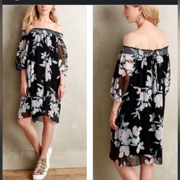 Maeve Silk Paola Swing Dress Oversized Black Chiffon Floral Off Shoulder Mini - Picture 2 of 13